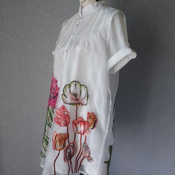 NWoT Lady Ribbon Embroidered Floral Layered Shirt Mini Dress Button White - Picture 7 of 13